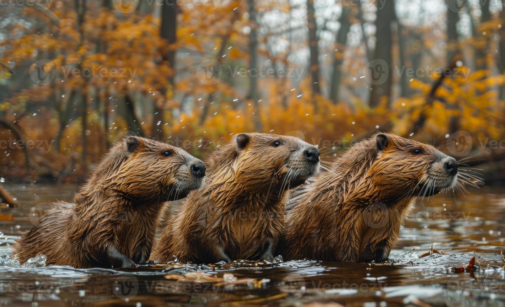Beavers are swimming in the water. Beavers in the wild photo