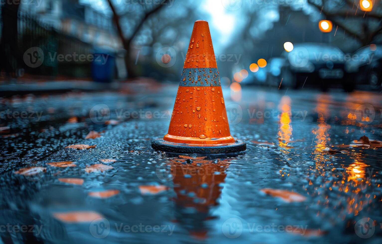 Orange traffic cone and traffic lights on wet road after rain in the evening photo
