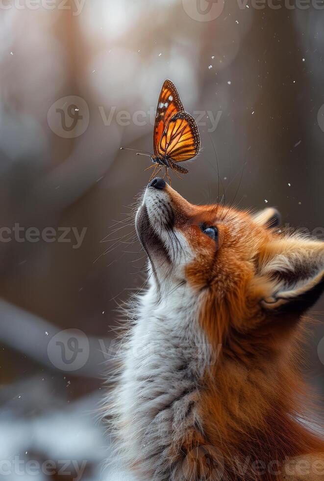 Red fox and butterfly in the forest. A animal in nature playing with a butterfly on its nose photo