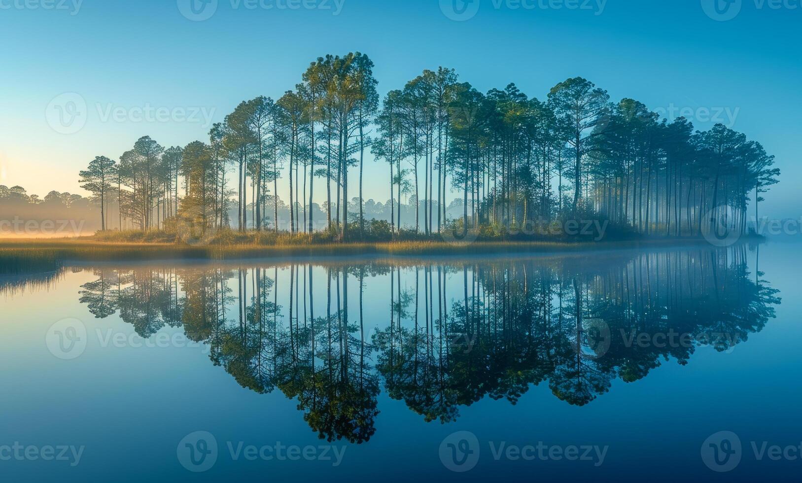 Pine trees reflecting in the water at sunrise photo