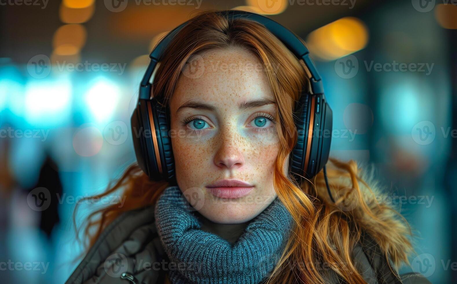 Portrait of young woman with headphones in subway station photo