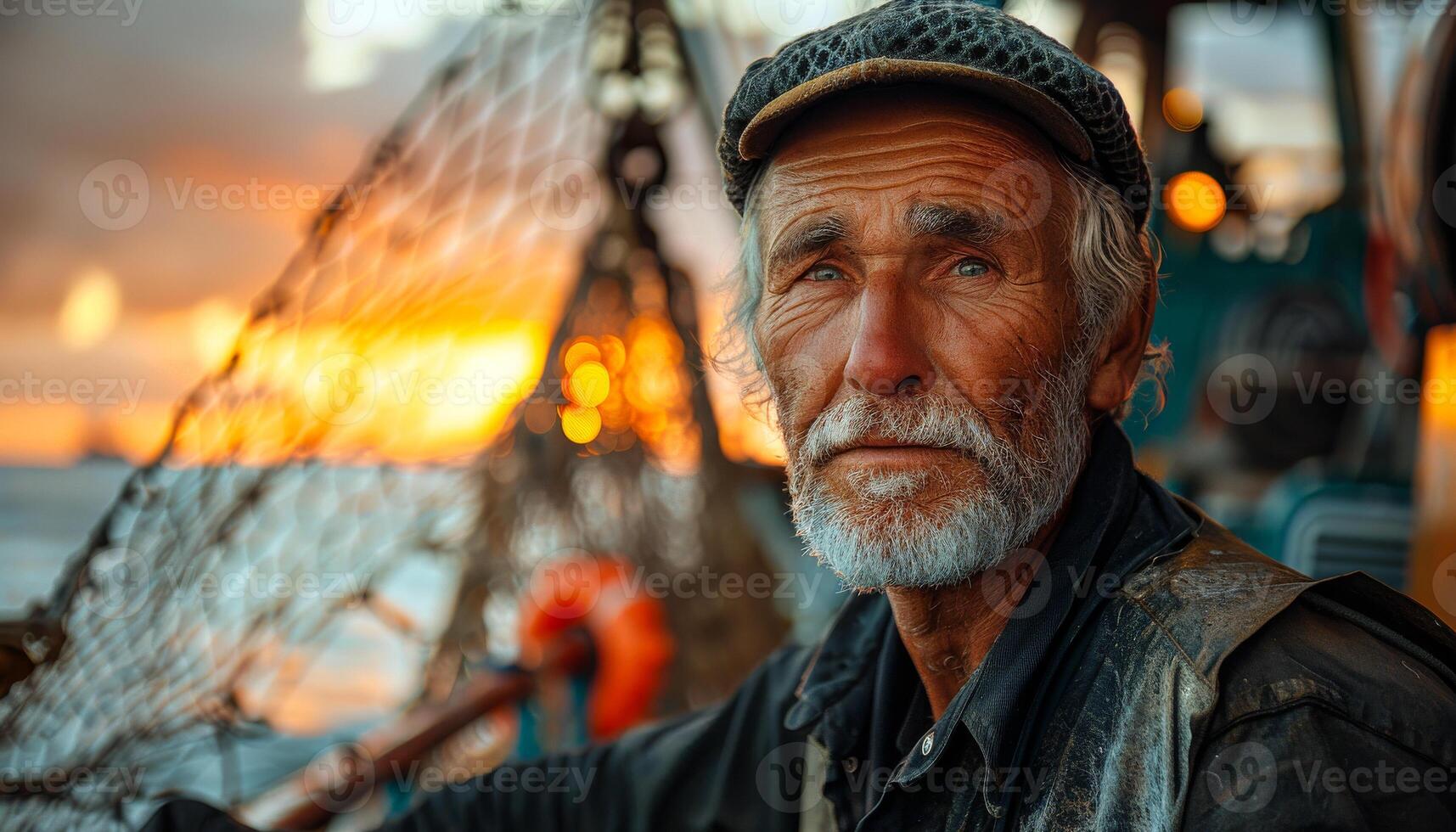 Old fisherman sits on the boat and looks into the distance on the background of the sea and sunset photo