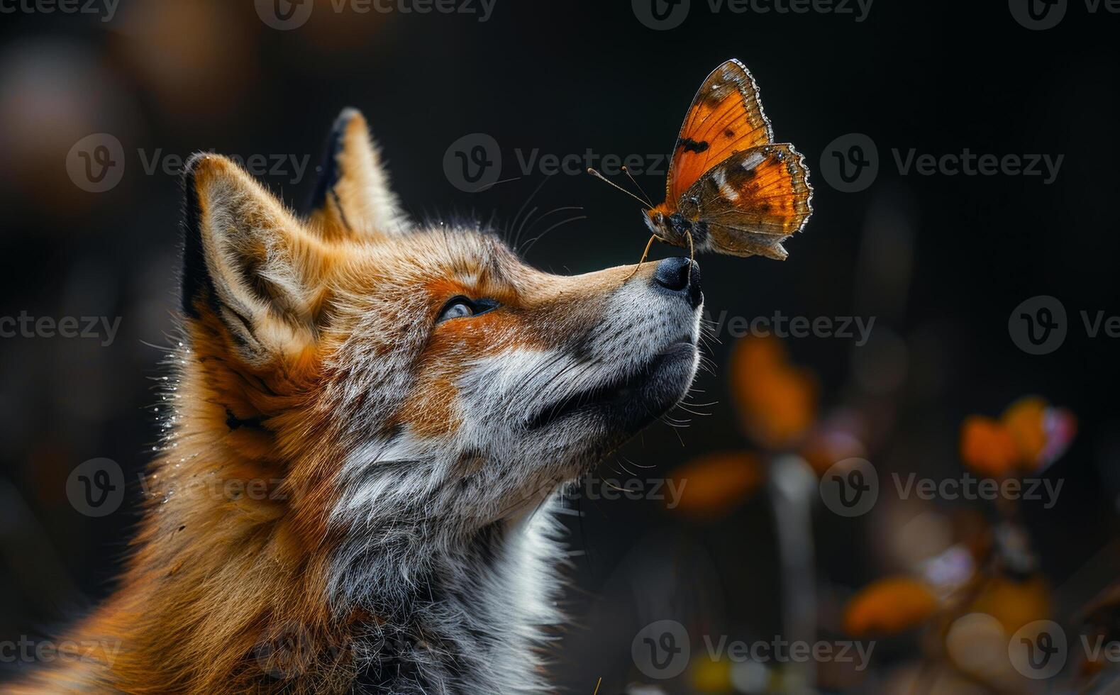 The red fox sniffs butterfly. A animal in nature playing with a butterfly on its nose and howling photo