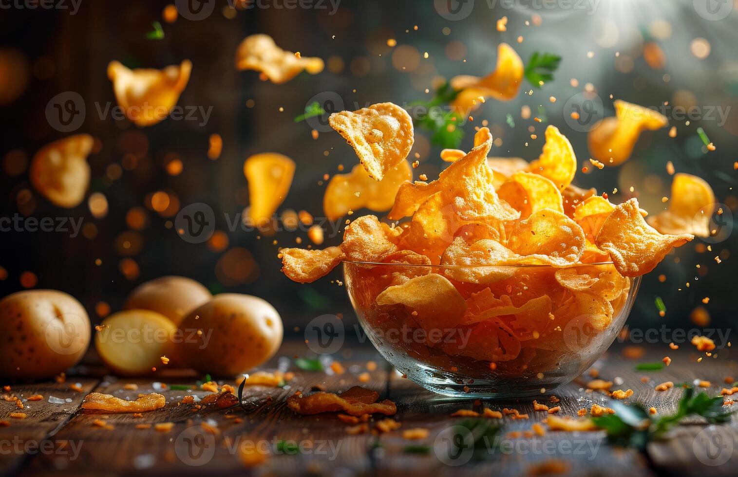 Potato chips falling into glass bowl and fresh vegetables on wooden table photo