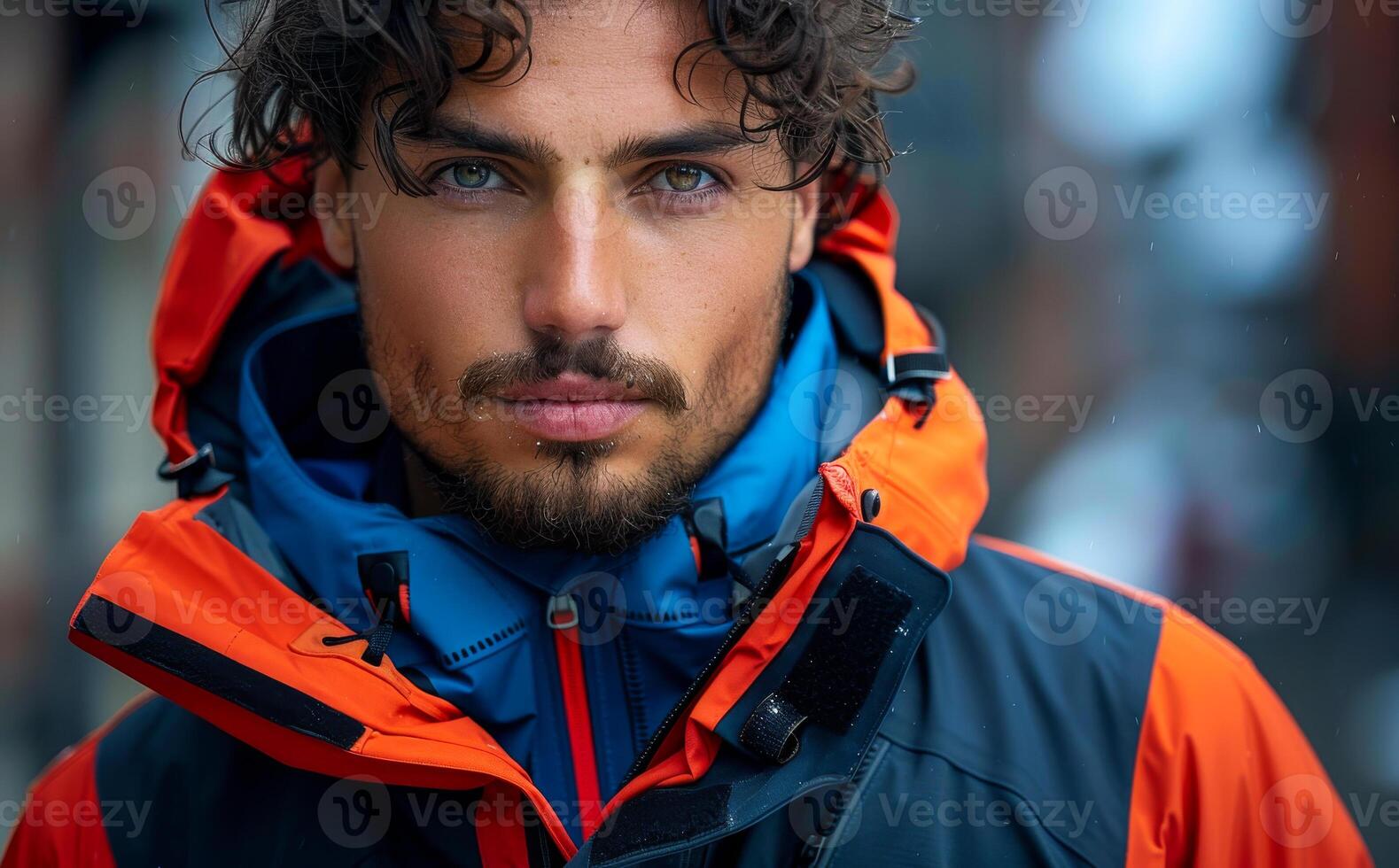 Portrait of handsome young man with beard and moustache wearing jacket and hood photo