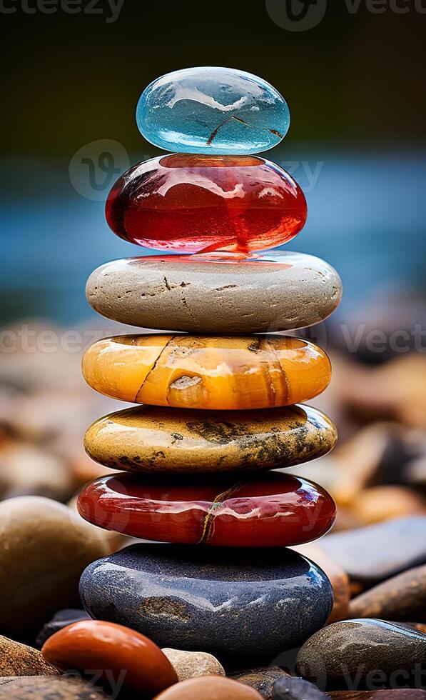 Stack of colorful stones. A stack of pebbles in front of a lake photo