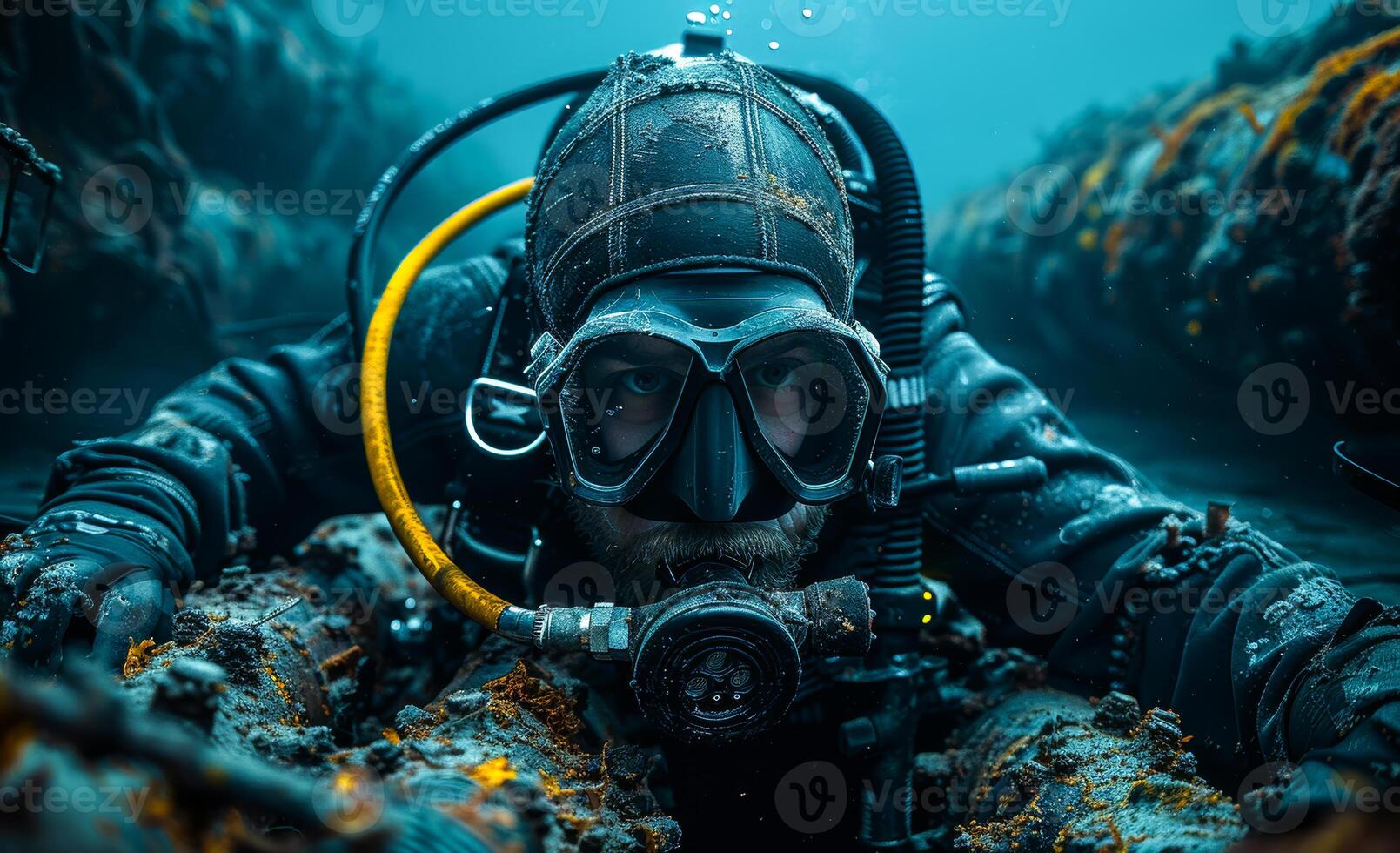 SCUBA diver swimming in the deep sea with full face dive computer photo