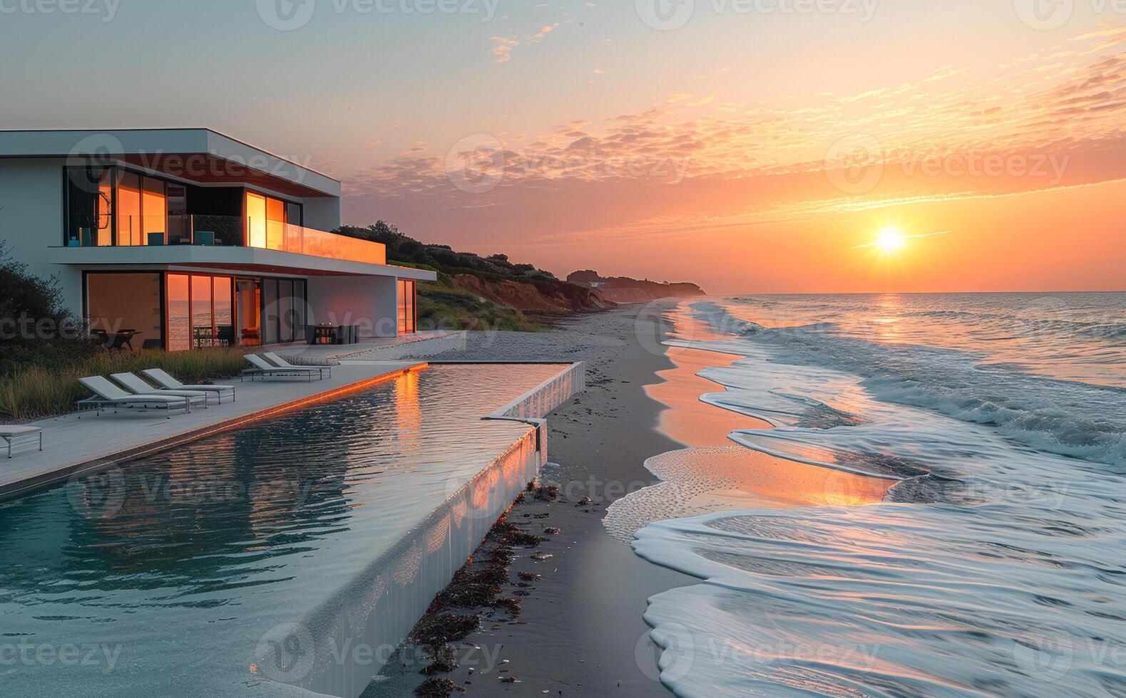 Modern house by the sea at sunset photo