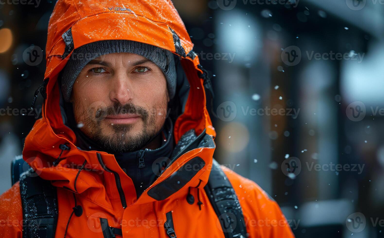 Portrait of man in orange jacket with backpack in the snow photo