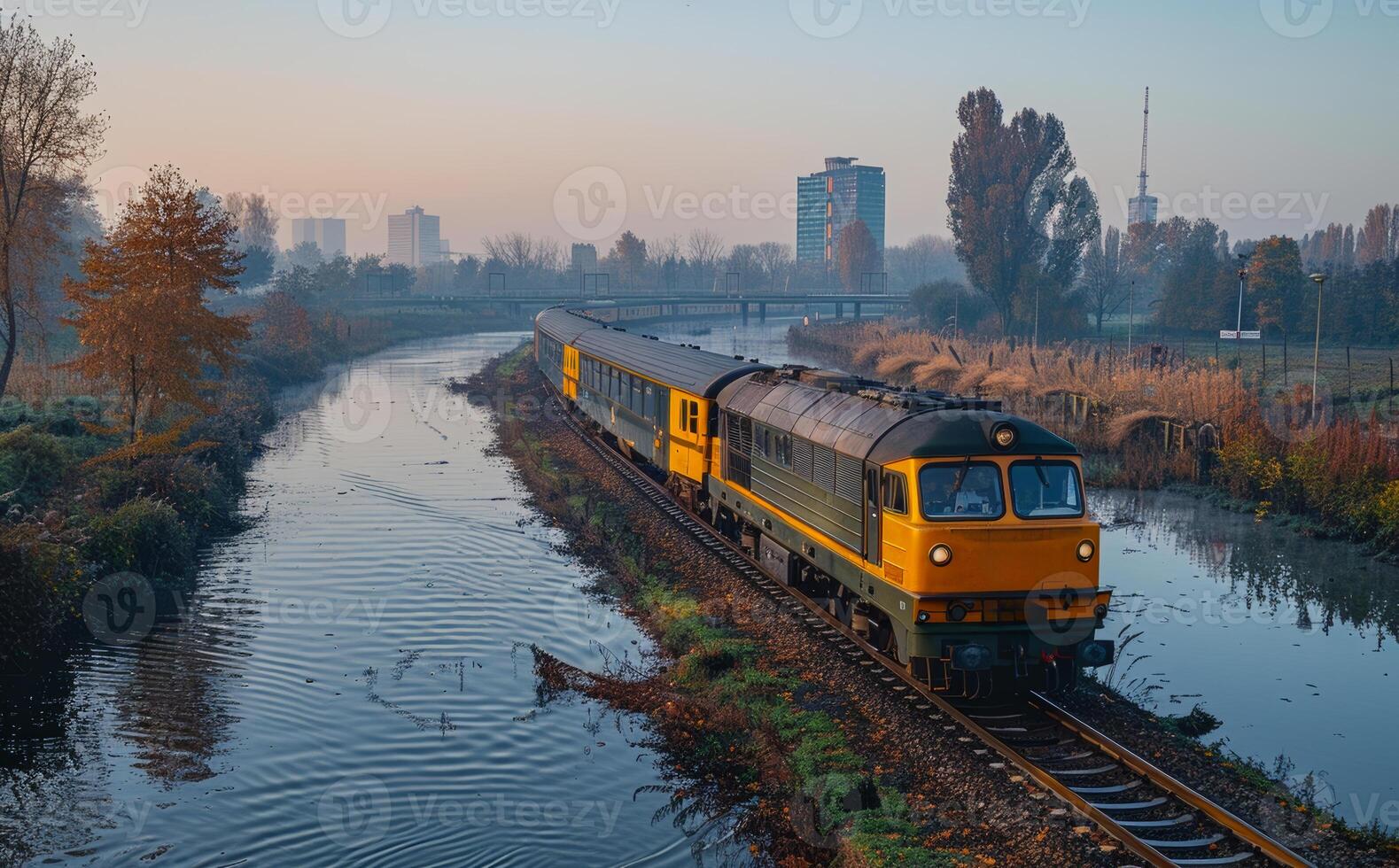 Freight train passing river in the morning photo
