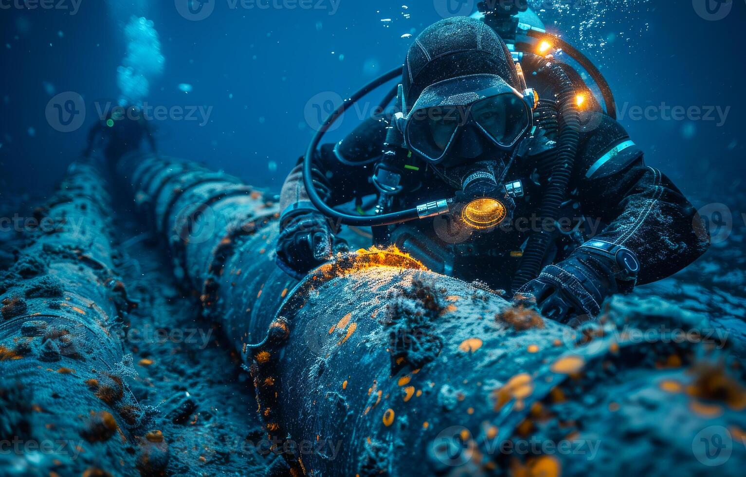 SCUBA diver makes stop while working on large metal pipe underwater photo
