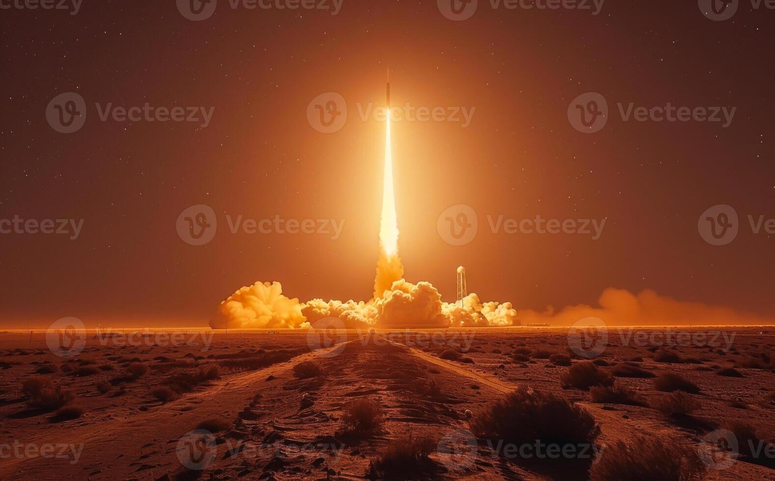 Rocket taking off into the sky. A missile launch at night photo