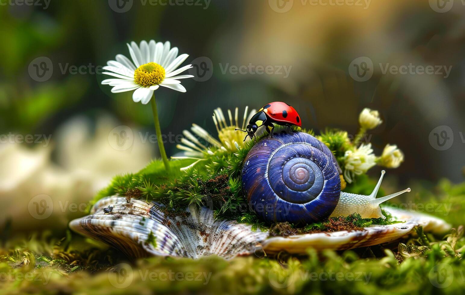 Ladybug and snail on shell in the grass photo