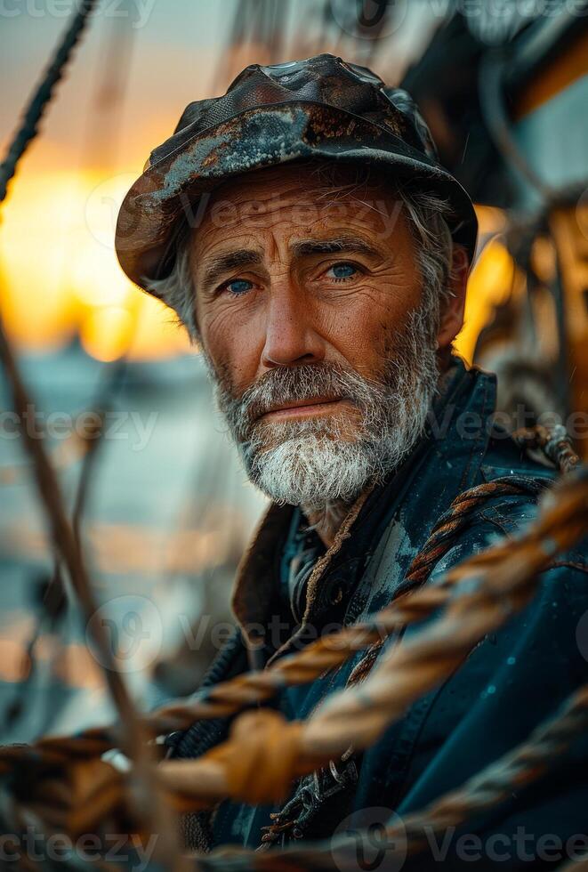 Portrait of fisherman with beard and cap on the background of the sea and sunset photo