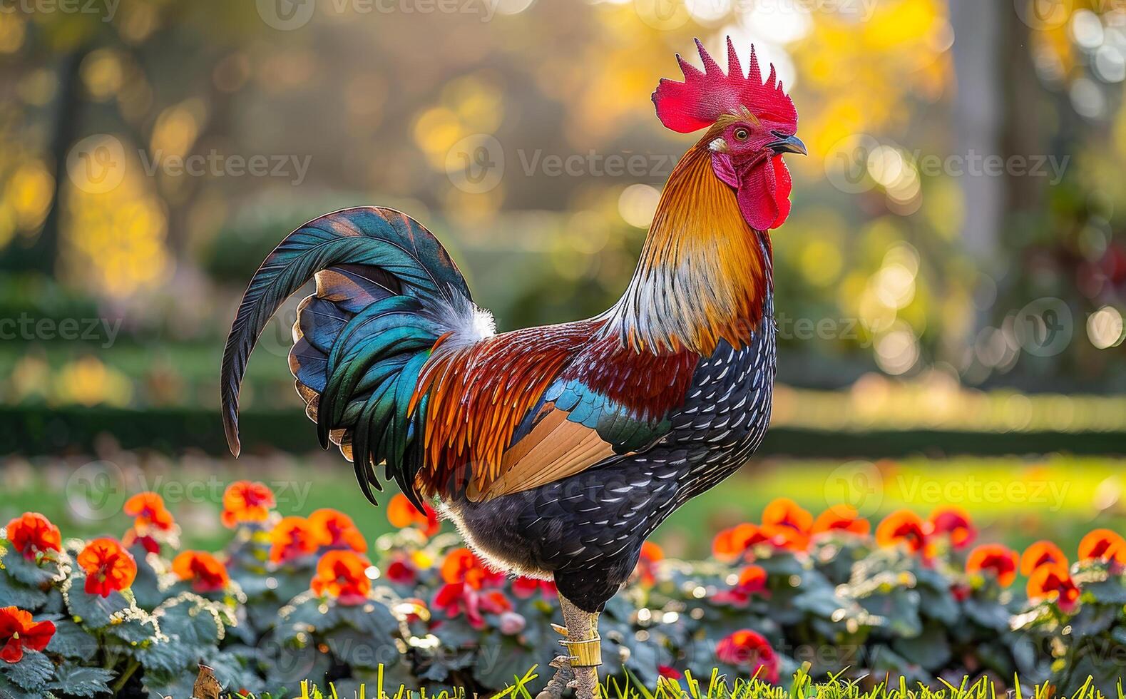 Rooster and flowers in the morning. A rooster walking on the farm photo
