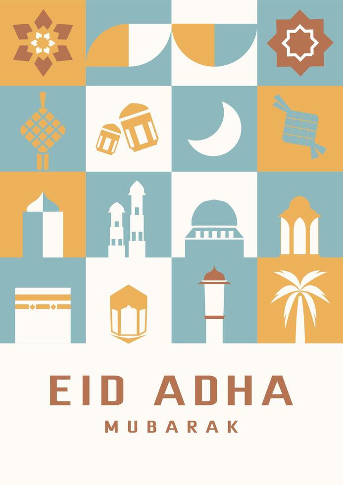Eid al-adha mubarak poster illustration. Abstract geometry pattern with simple icon. vector