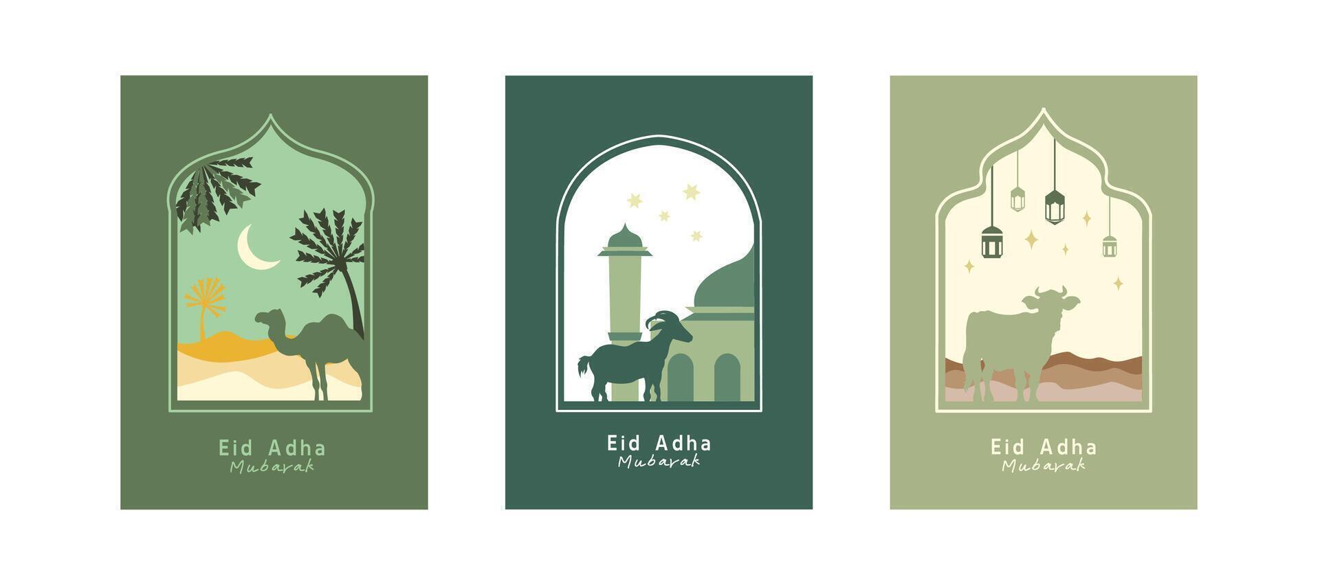 Poster set eid al-adha celebration with green color theme. Perfect for poster, greeting card, banner and cover decoration. vector