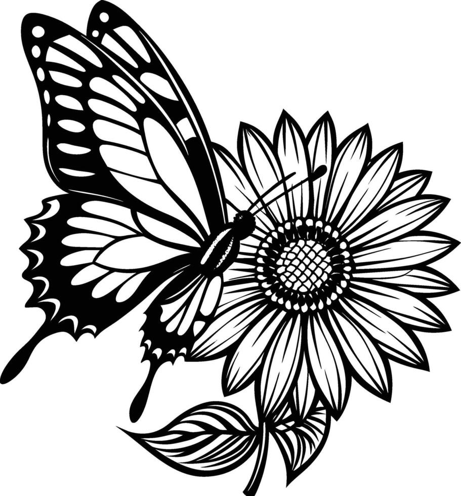 black and white flower with butterfly isolated on white background vector