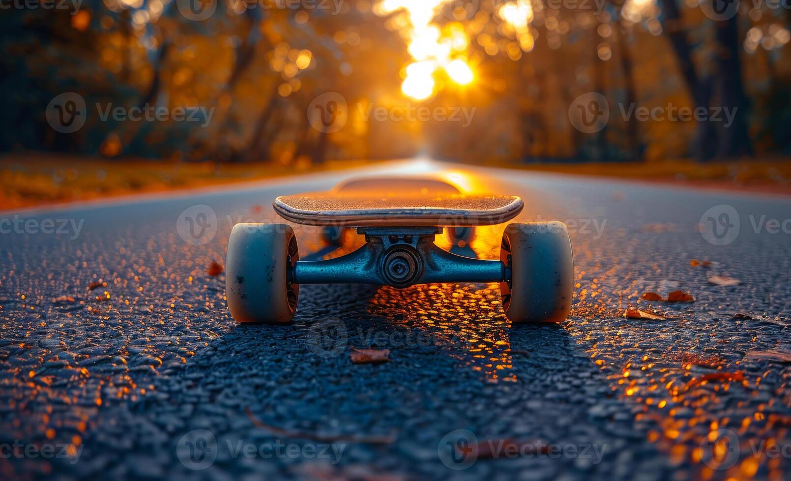 A longboard sits on an asphalt road with the setting sun in the background photo