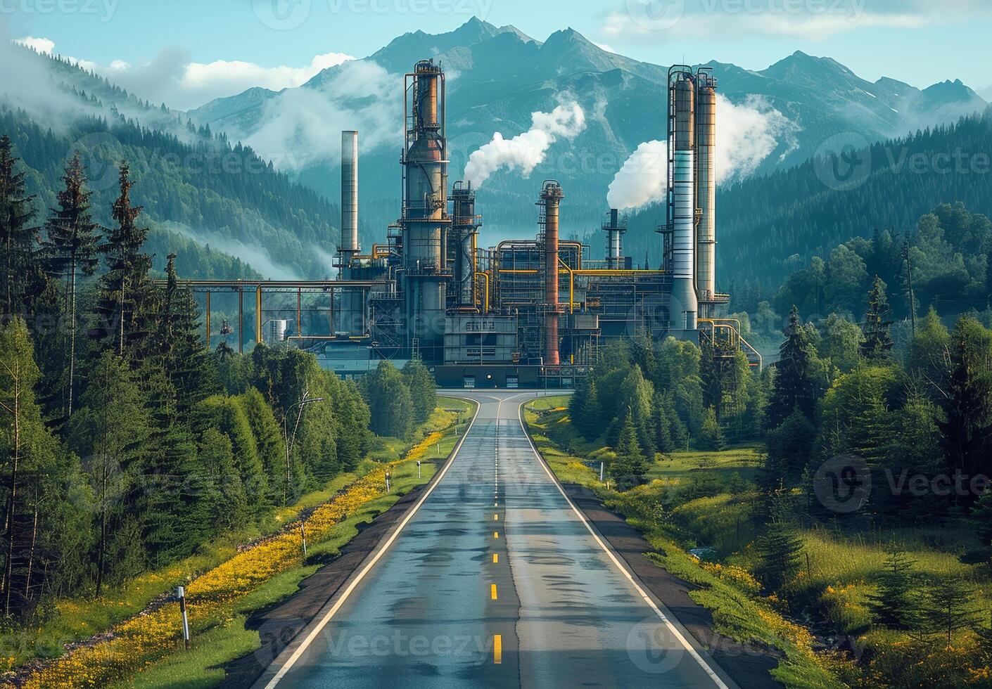 Road leading to large oil refinery with mountains in the background photo