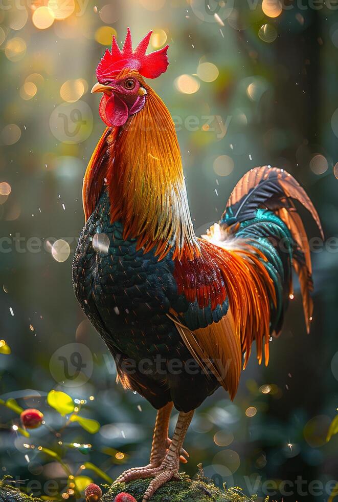 Rooster crowing in the morning with dew on the feathers photo
