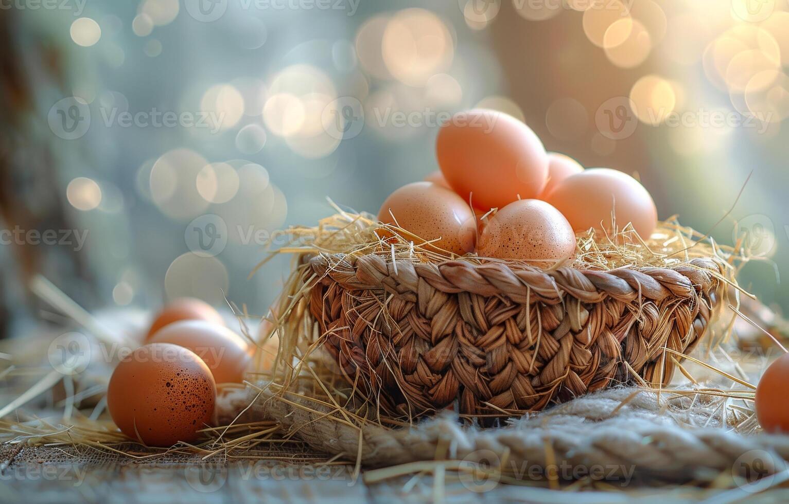 Fresh farm eggs in basket on wooden rustic background photo