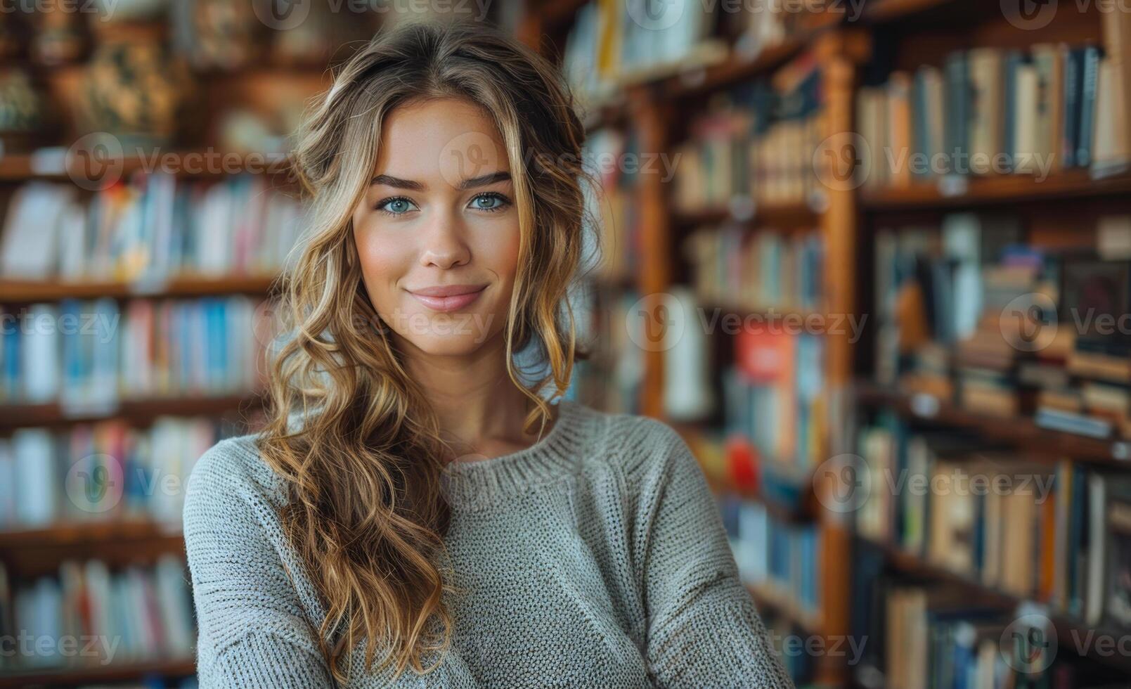 Beautiful girl stands in the library among books photo