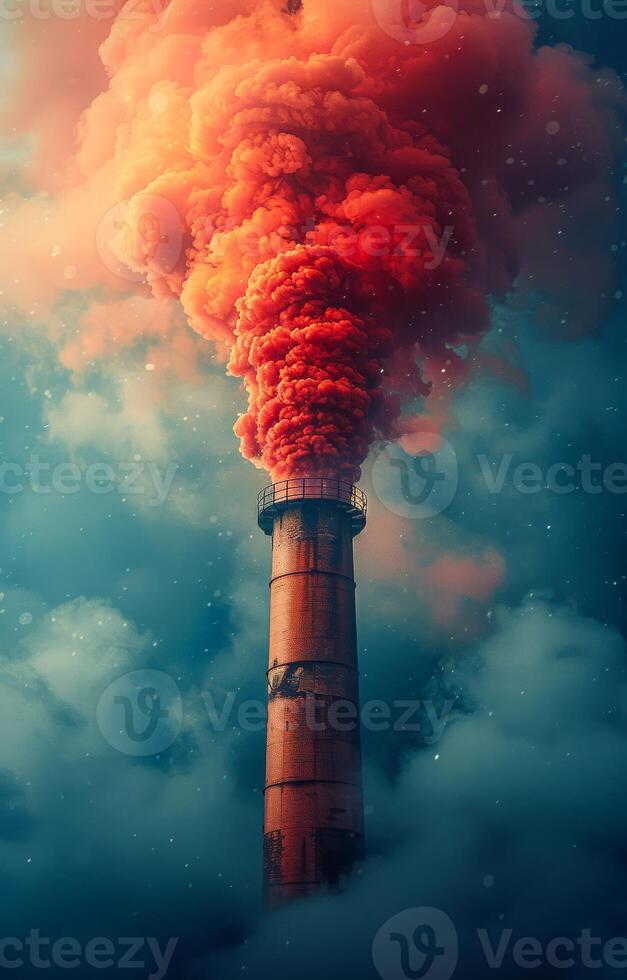 Large smokestack emits large amount of red smoke into the atmosphere. photo