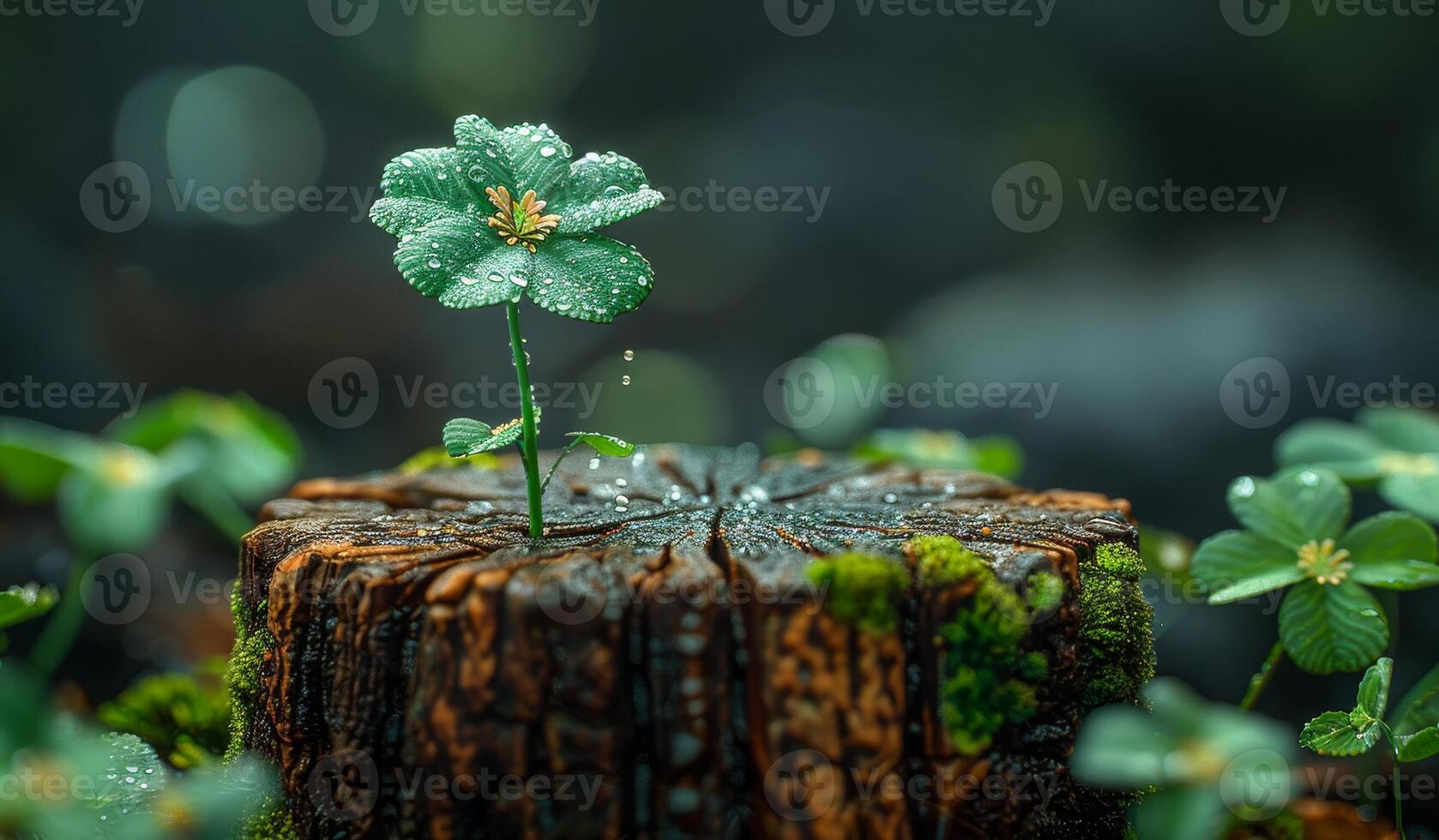 A single green clover sprout grows from the center of a moss covered tree stump. photo