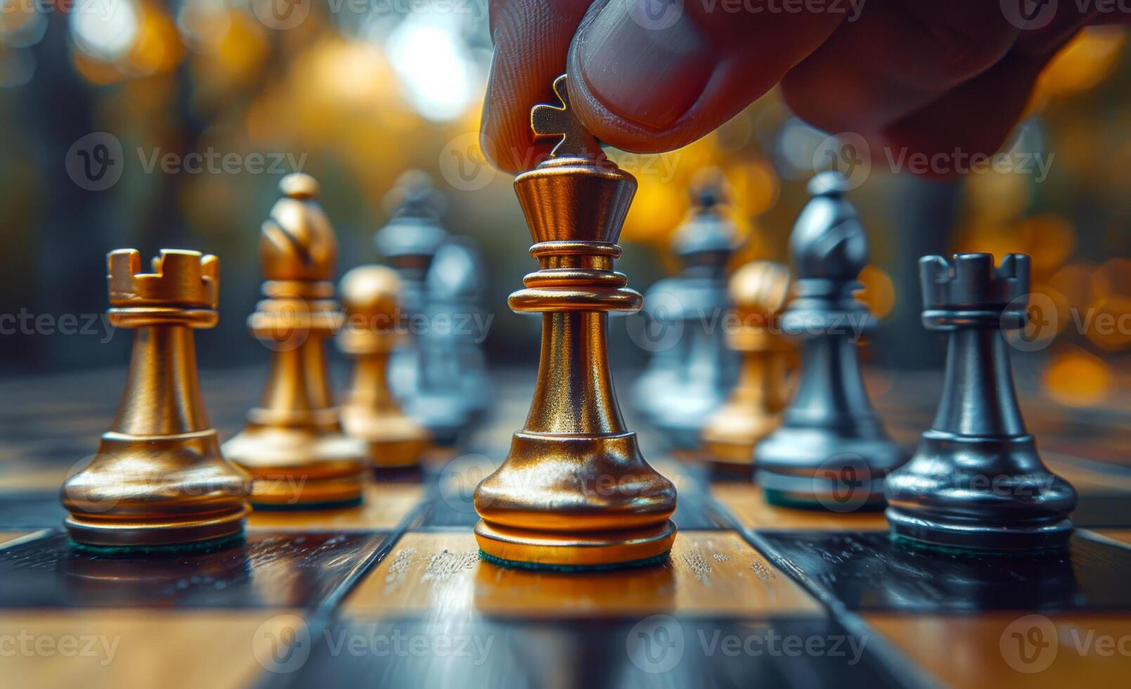 A closeup of the hand moving one golden and silver chess piece on an empty game board photo