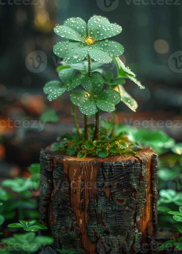 A close-up photo of a small, green plant growing out of a tree stump.