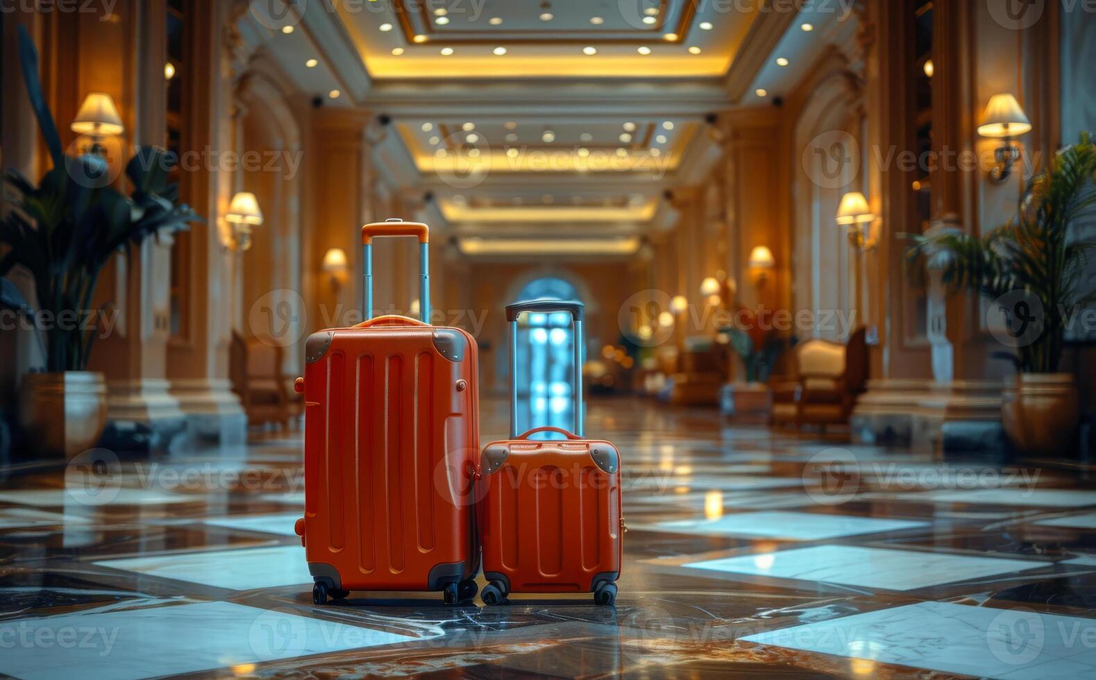 Two orange suitcases in the hotel lobby photo
