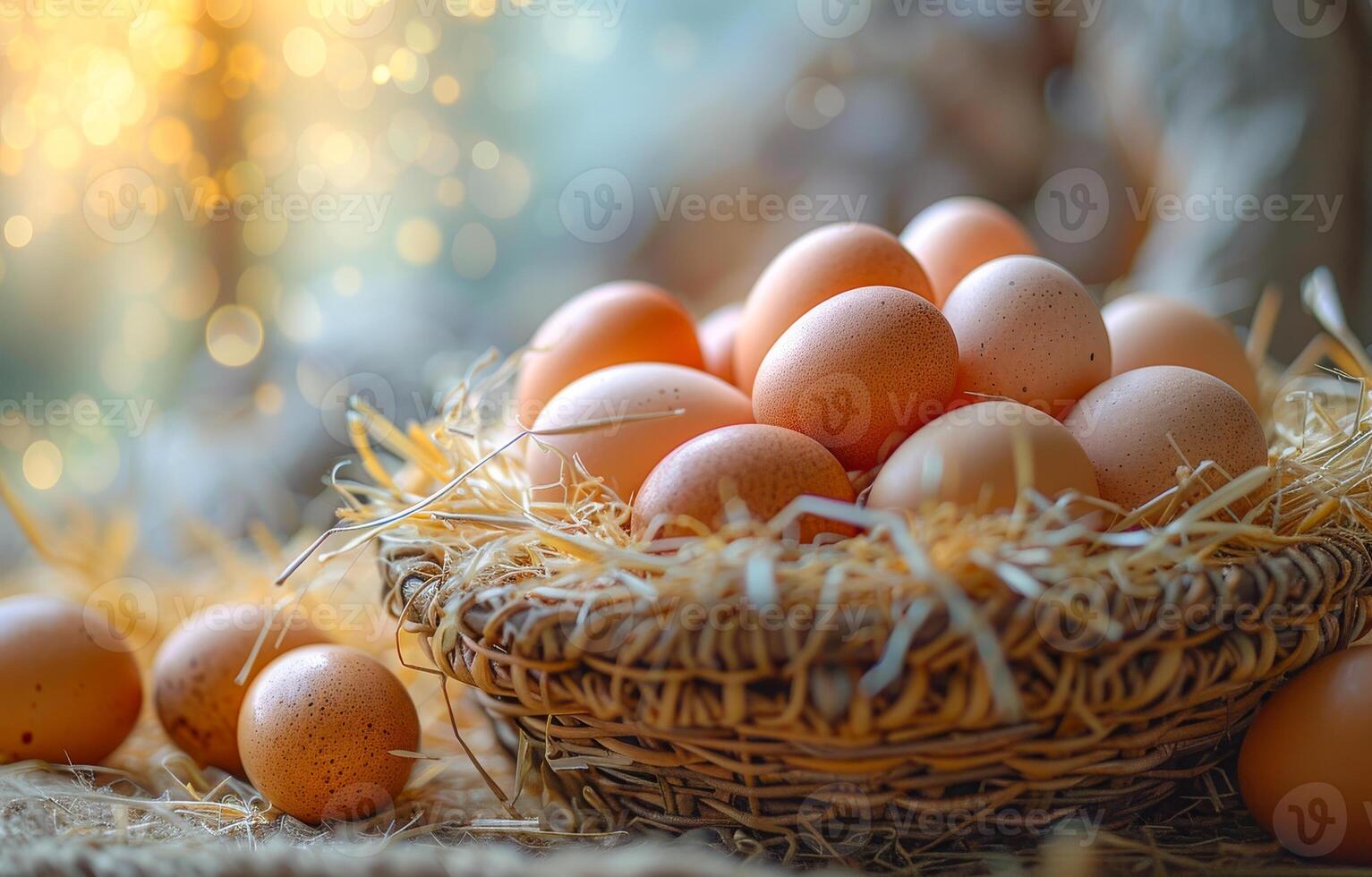 Fresh chicken eggs in basket on wooden rustic background. A basket of eggs on the straw floor photo