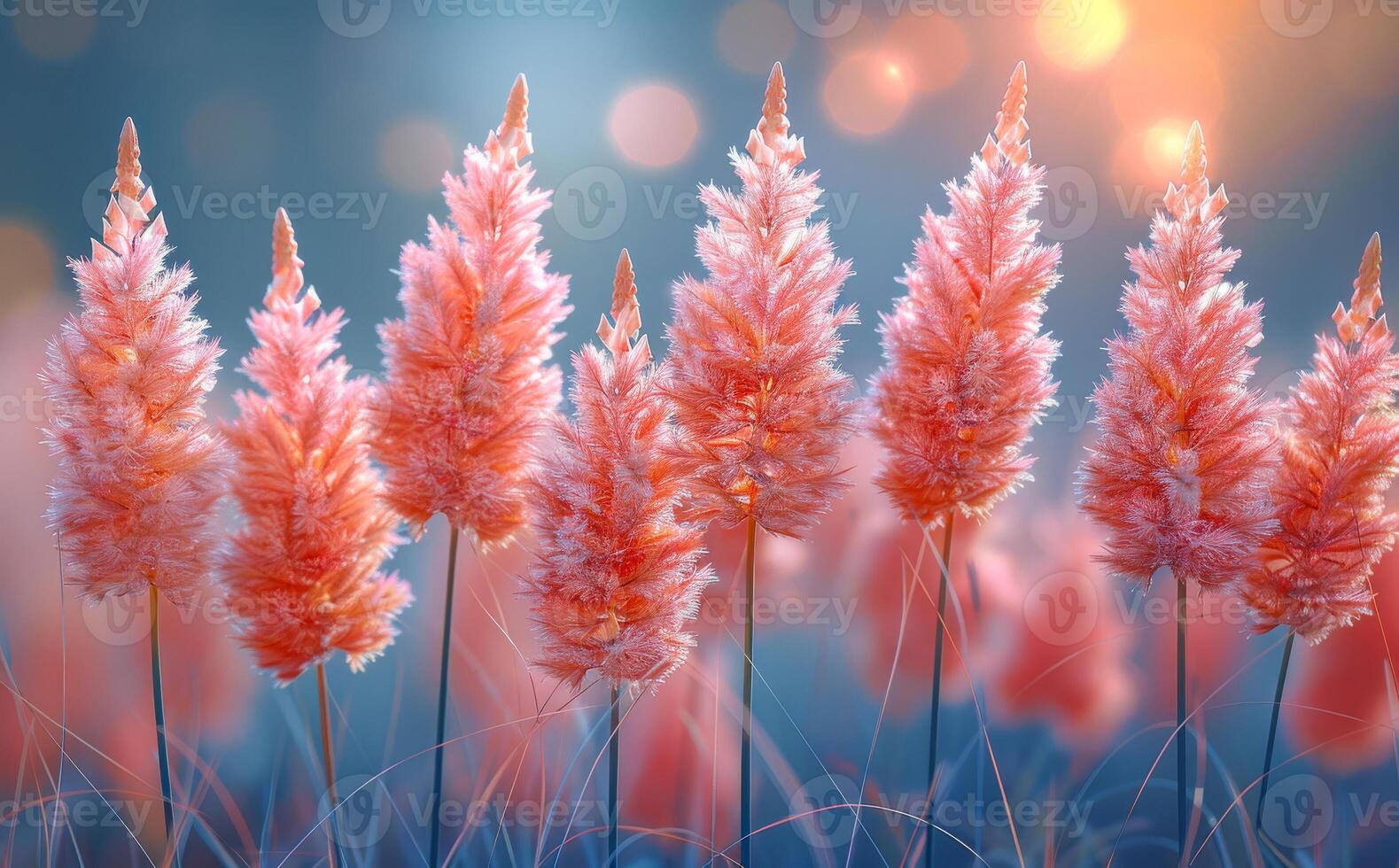 Beautiful fluffy orange grass flower sways in the wind at sunset in summer photo