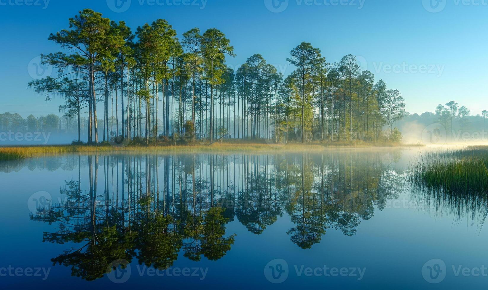 Pine trees and their reflection in lake on foggy morning photo