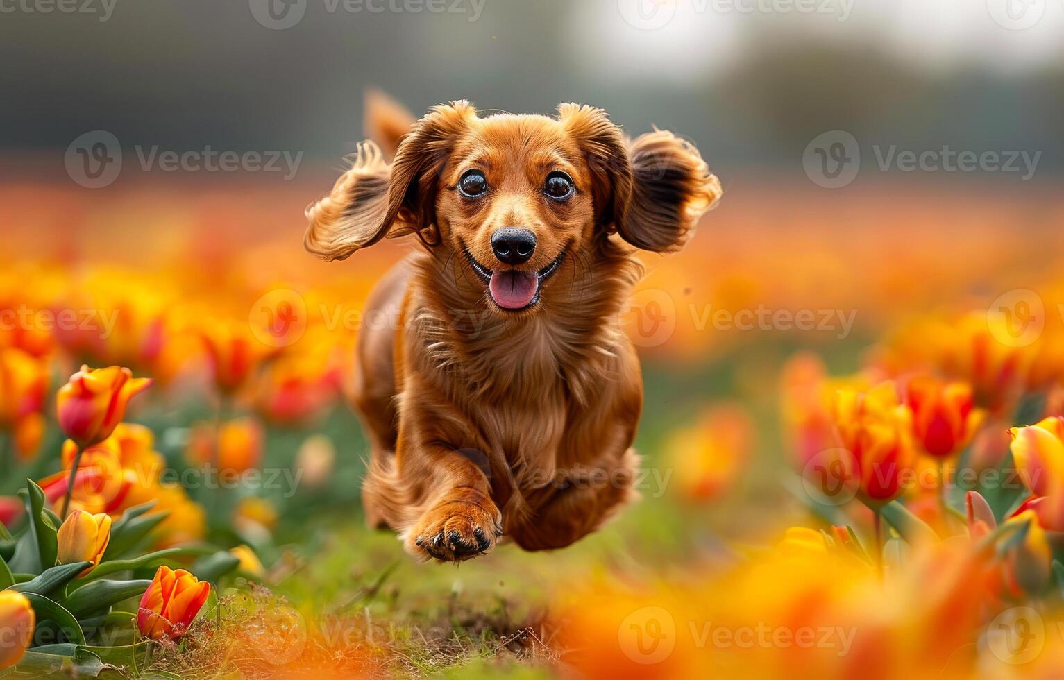 A cute dachshund puppy running through a tulip field photo