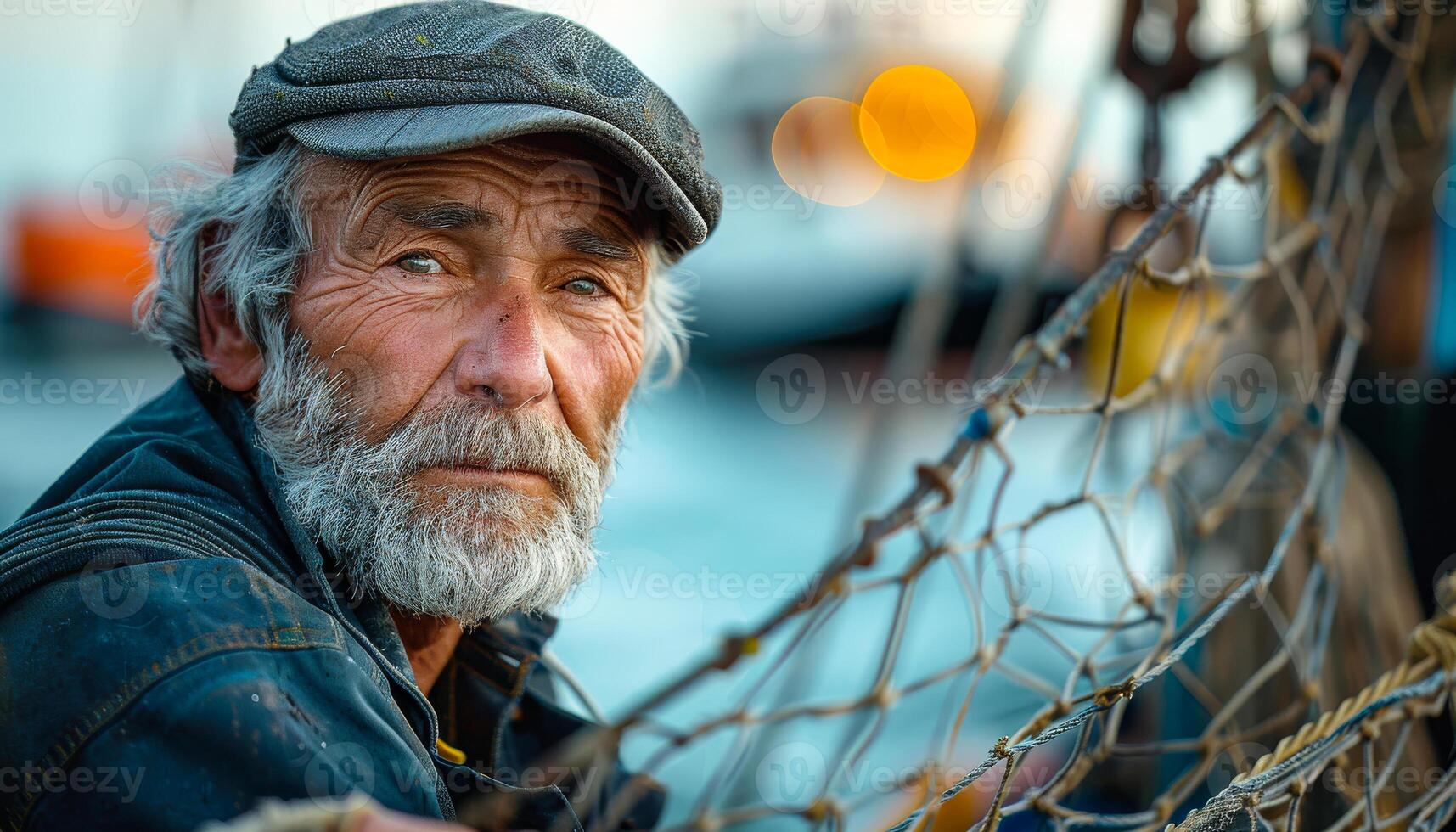 Portrait of old fisherman with white beard and cap on his head sits on the quay and looks into the distance photo