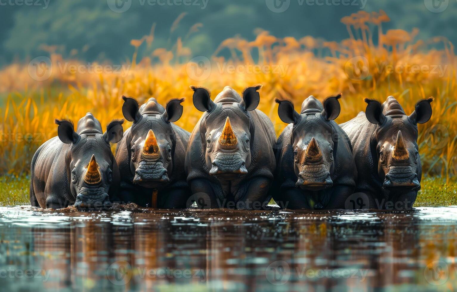 Family of rhinos. Many rhinoceroses stand in the river photo