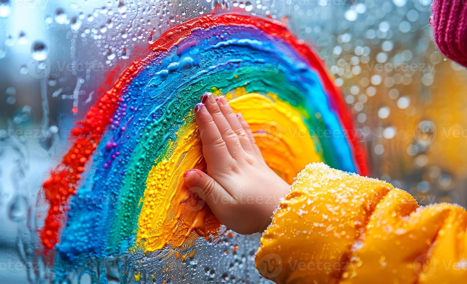 Child draws rainbow on the window photo