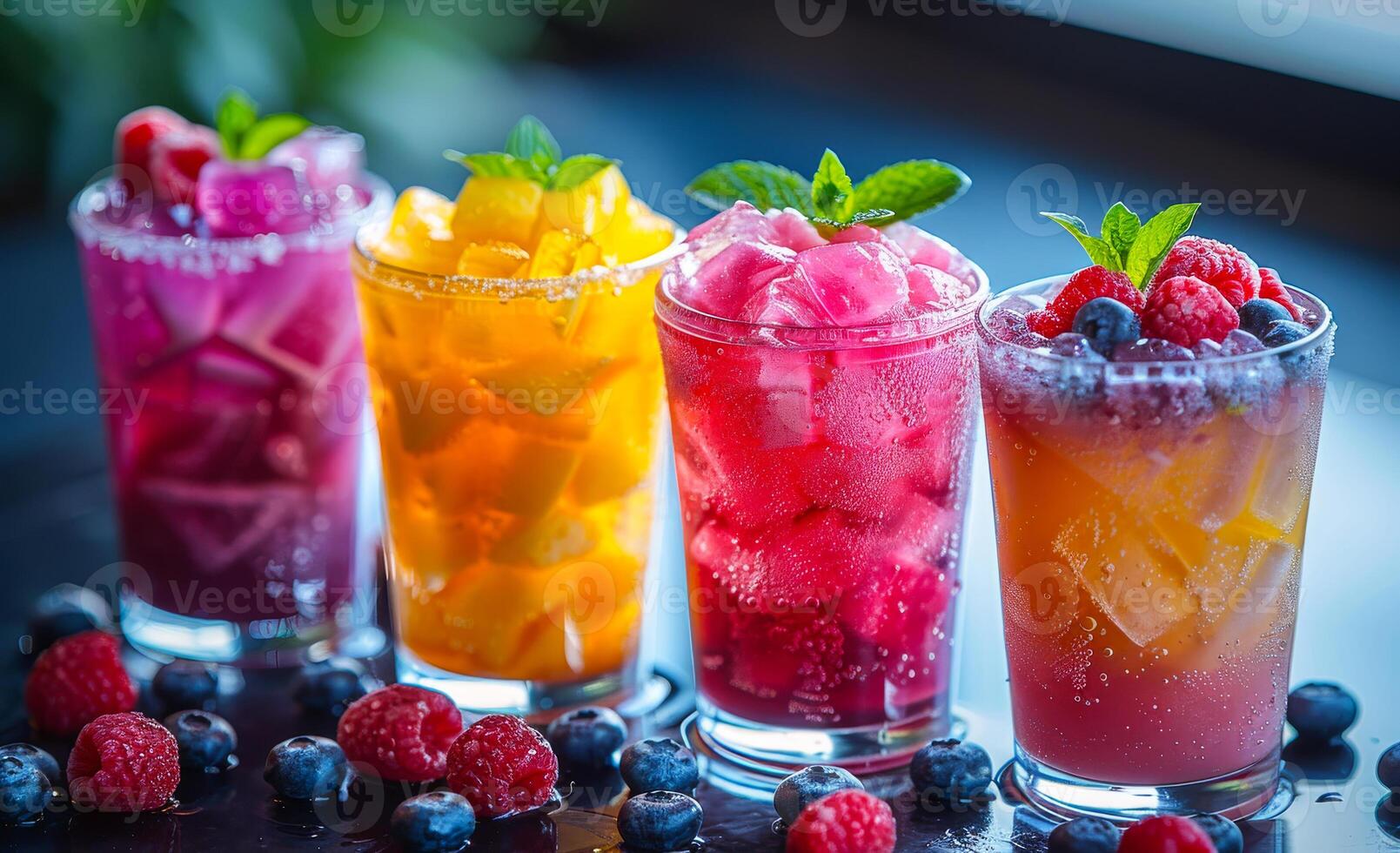 Four colorful refreshing drinks with berries on dark background photo