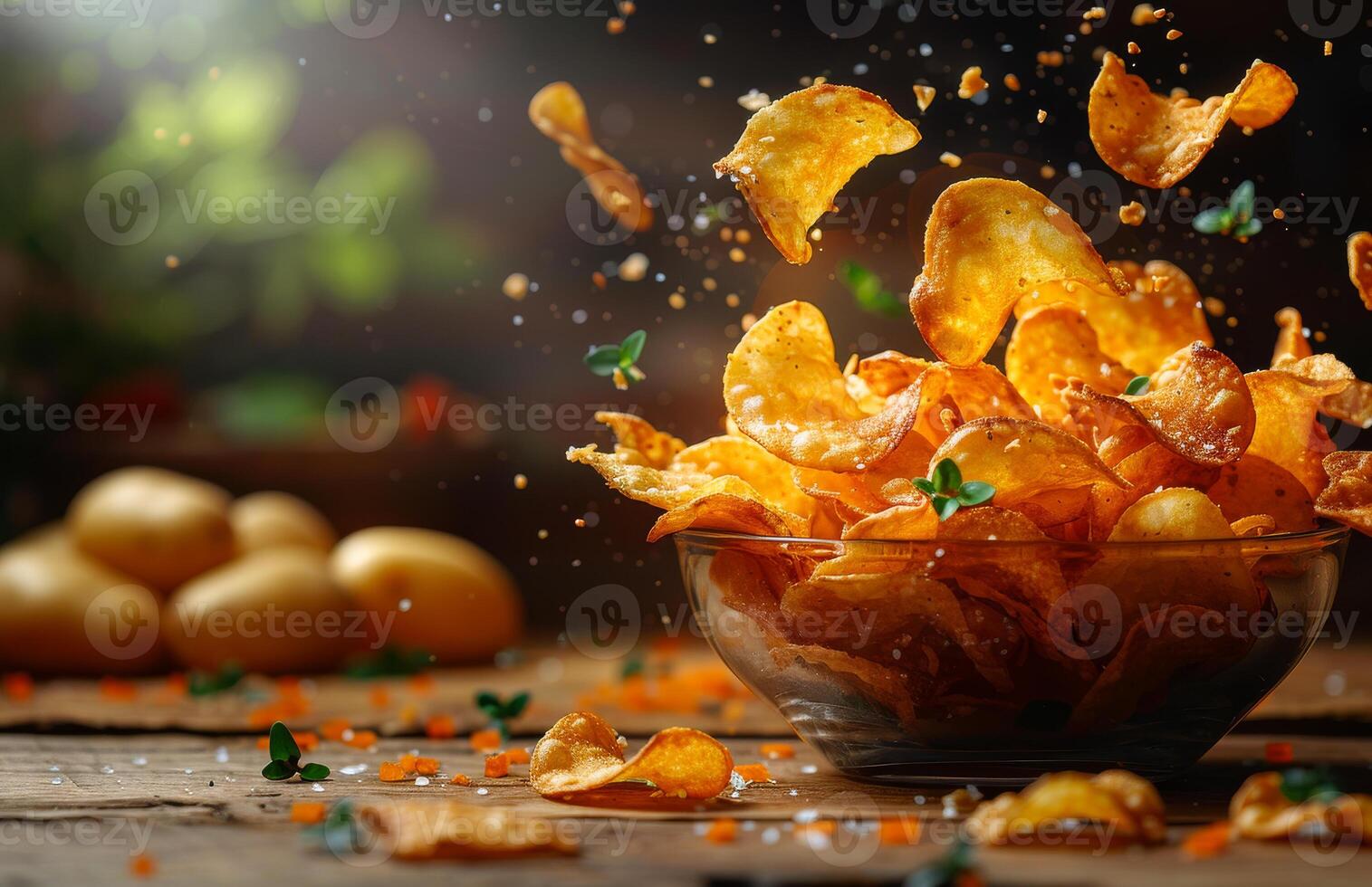 Potato chips falling into bowl. Crispy potato chips flying through the air against a rustic wooden background photo