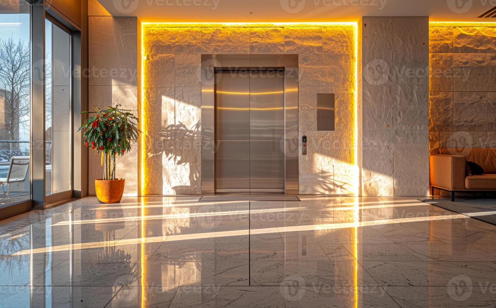 Elevator in modern building. Elevator doors are open to the outside photo
