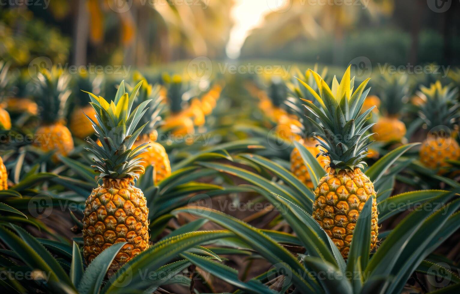 Pineapples on the field. A field of pineapple plants with large and tall leaves photo