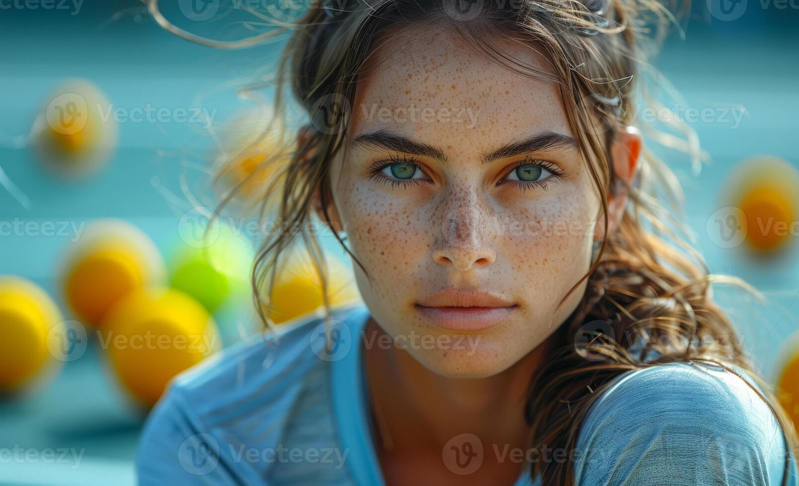 Portrait of beautiful young woman with freckles and green eyes photo