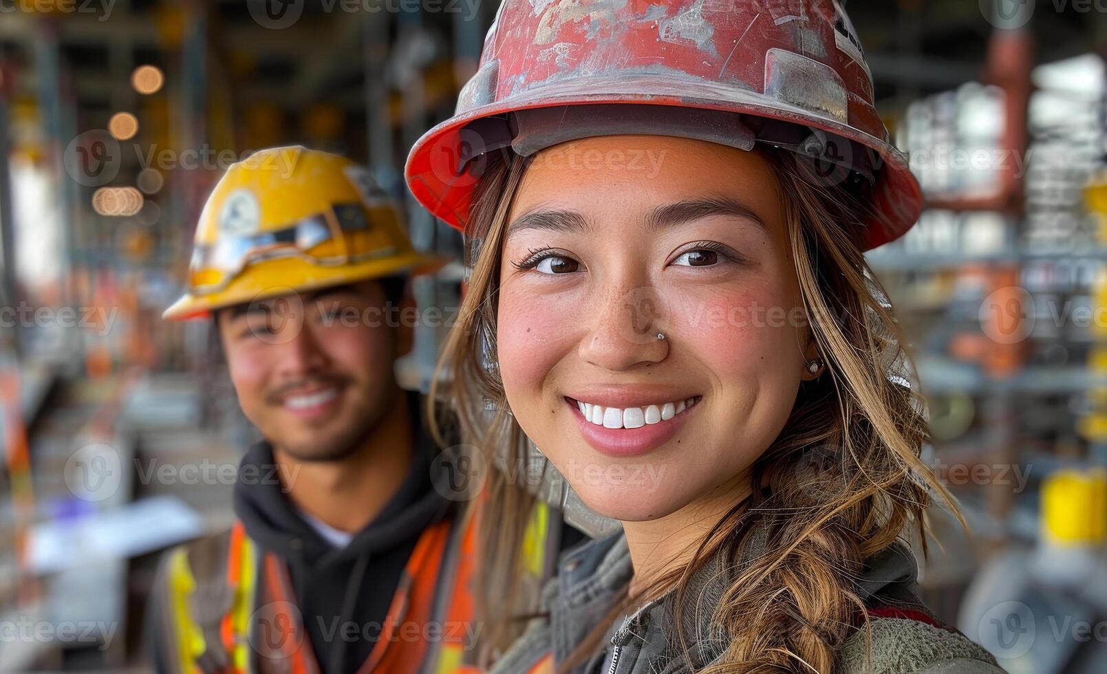 Young woman and man in construction hats photo