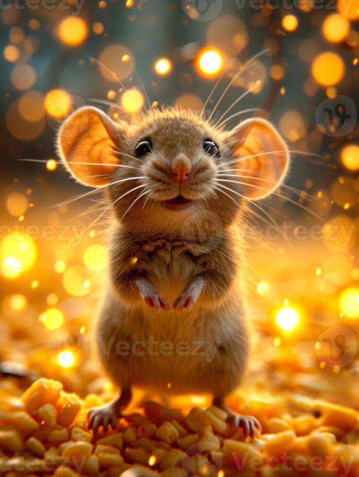 Cute little mouse stands on golden grain in the field photo