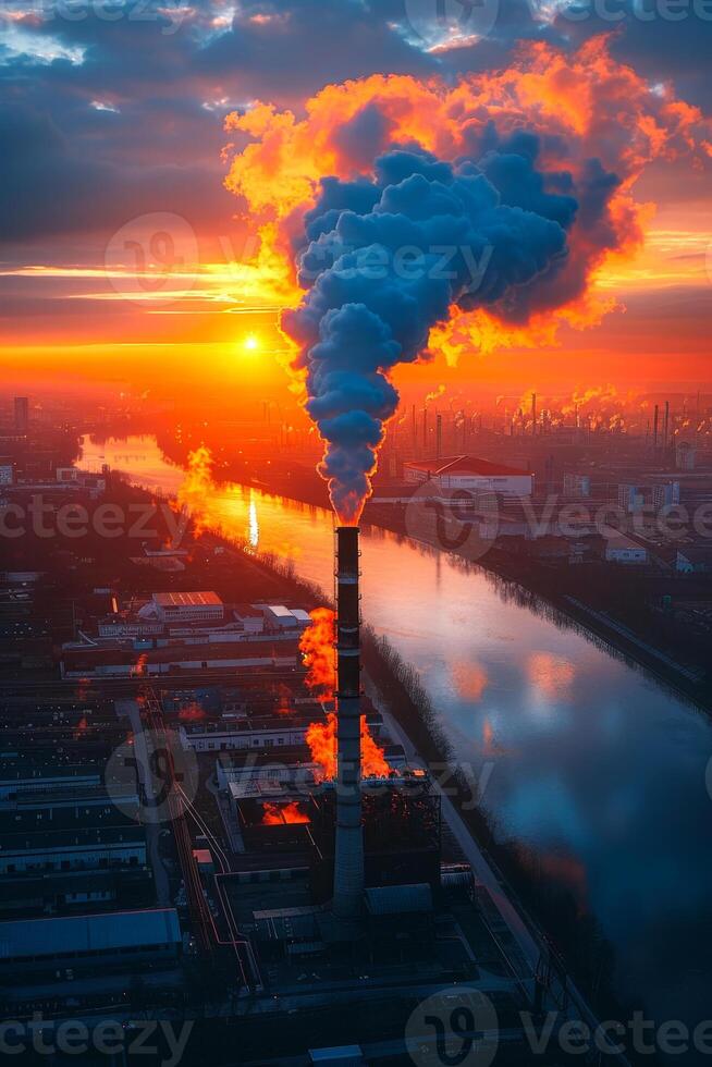 Industrial landscape with heavy pollution - smoke coming out of large factory at sunset photo