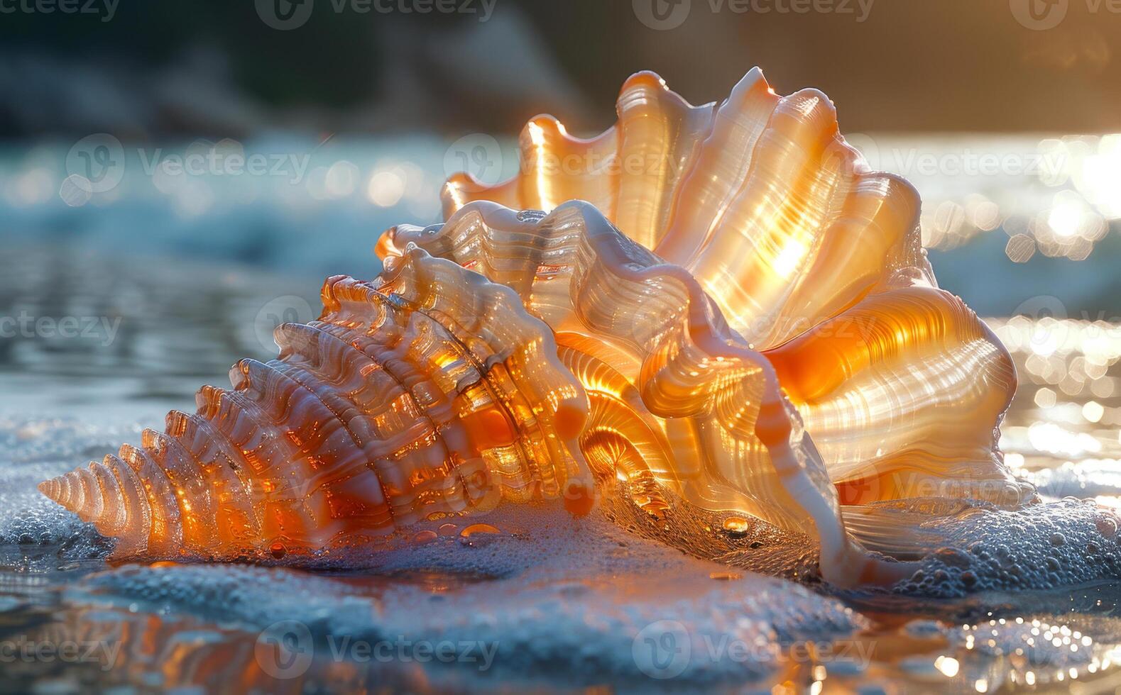 Large sea shell lies on the sand by the sea photo