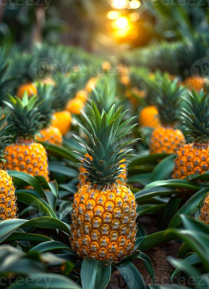 Pineapples on the field. A field of pineapple plants with large and tall leaves photo