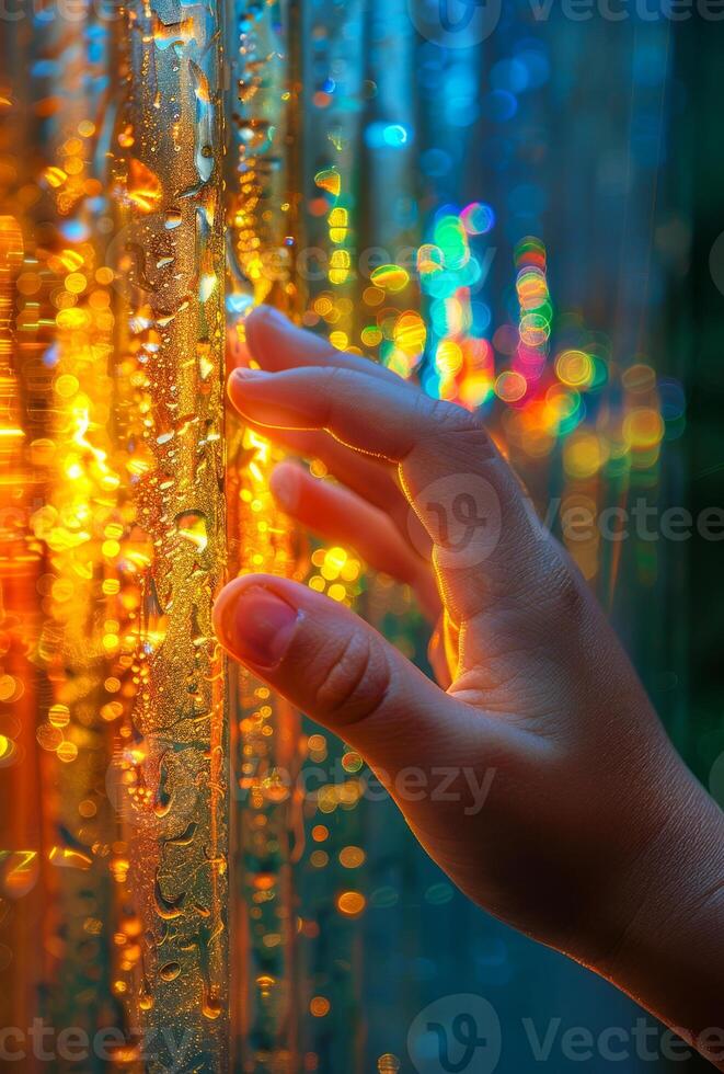 Hand touching the glass with colorful bokeh background photo